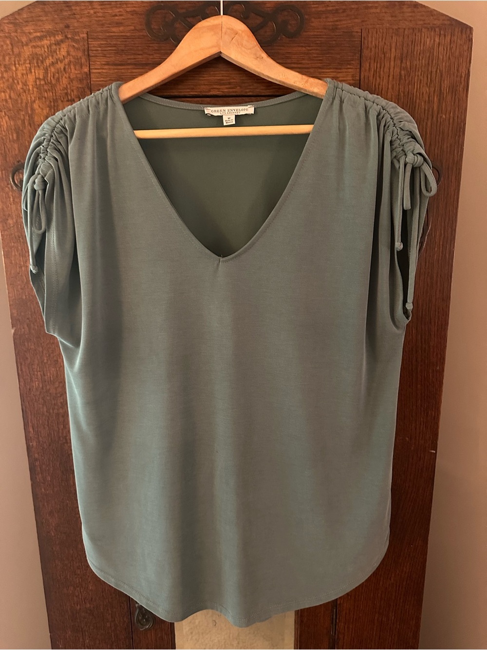 Green Envelope Sage Green Modal V-Neck Top with Ruched Tie Sleeves Size Medium